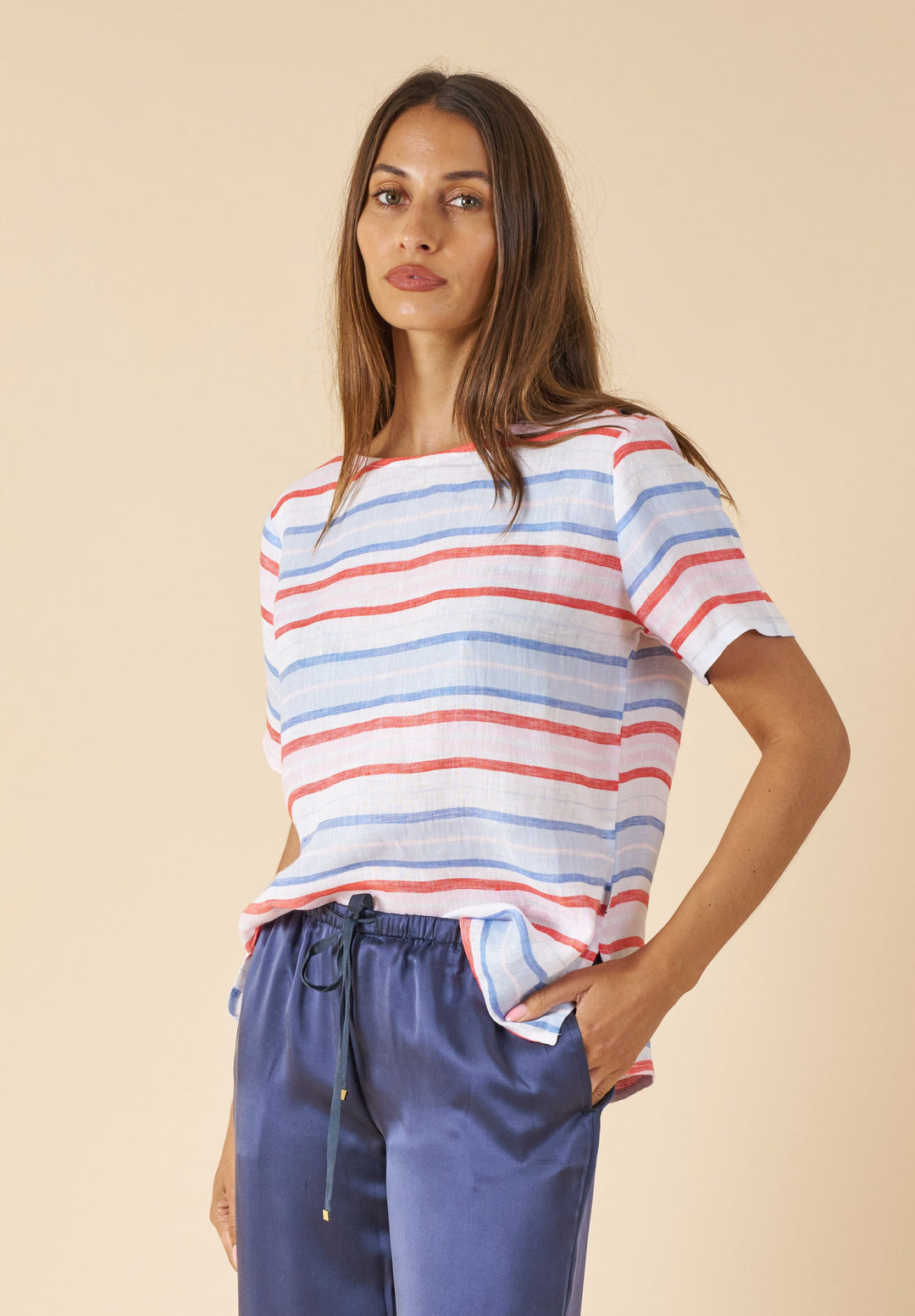 Teena-Linen Multi Stripes T-Shirt - Red Blue White