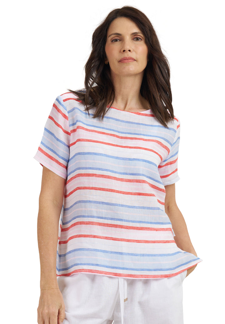 Teena-Linen Multi Stripes T-Shirt - Red Blue White