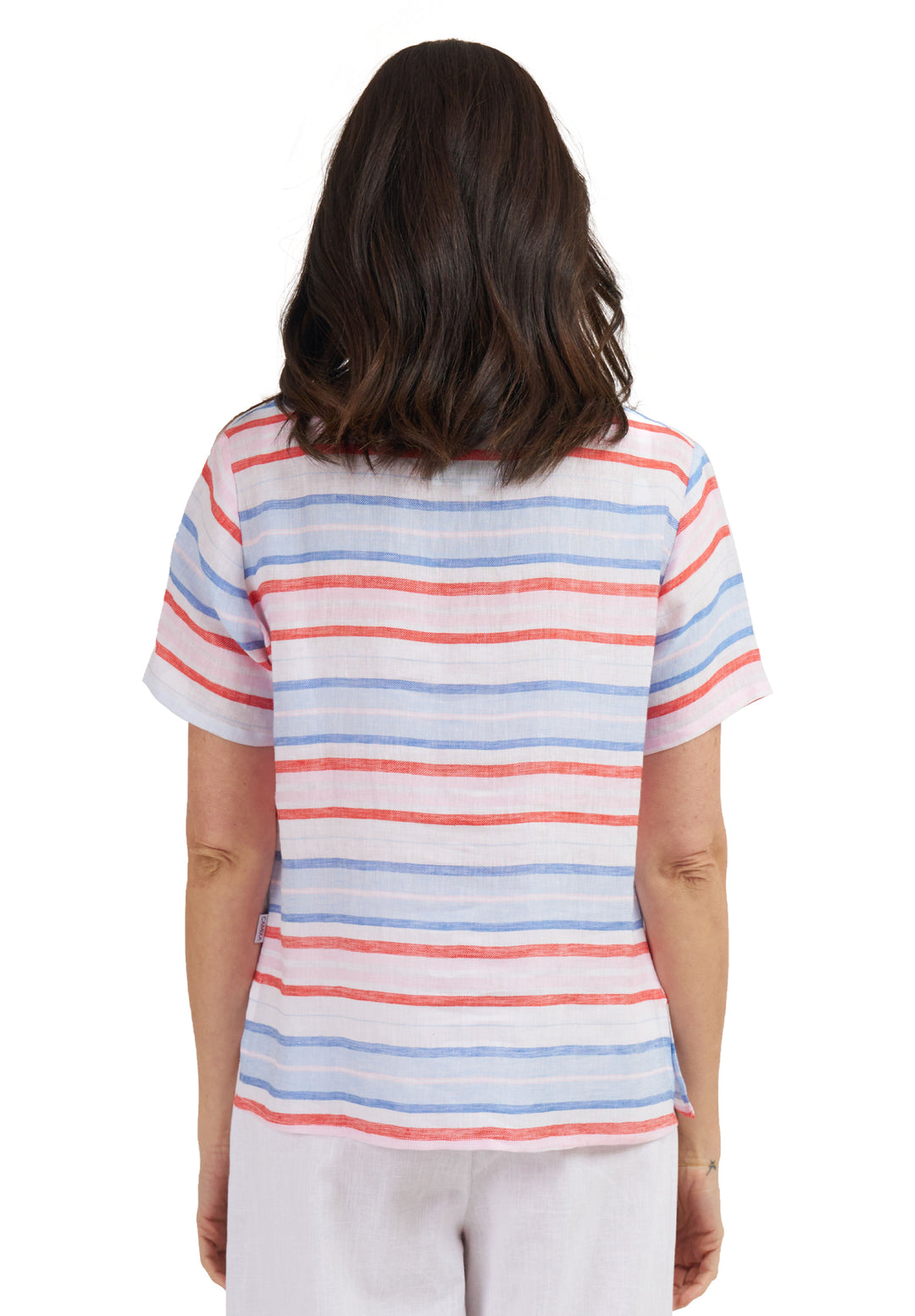 Teena-Linen Multi Stripes T-Shirt - Red Blue White