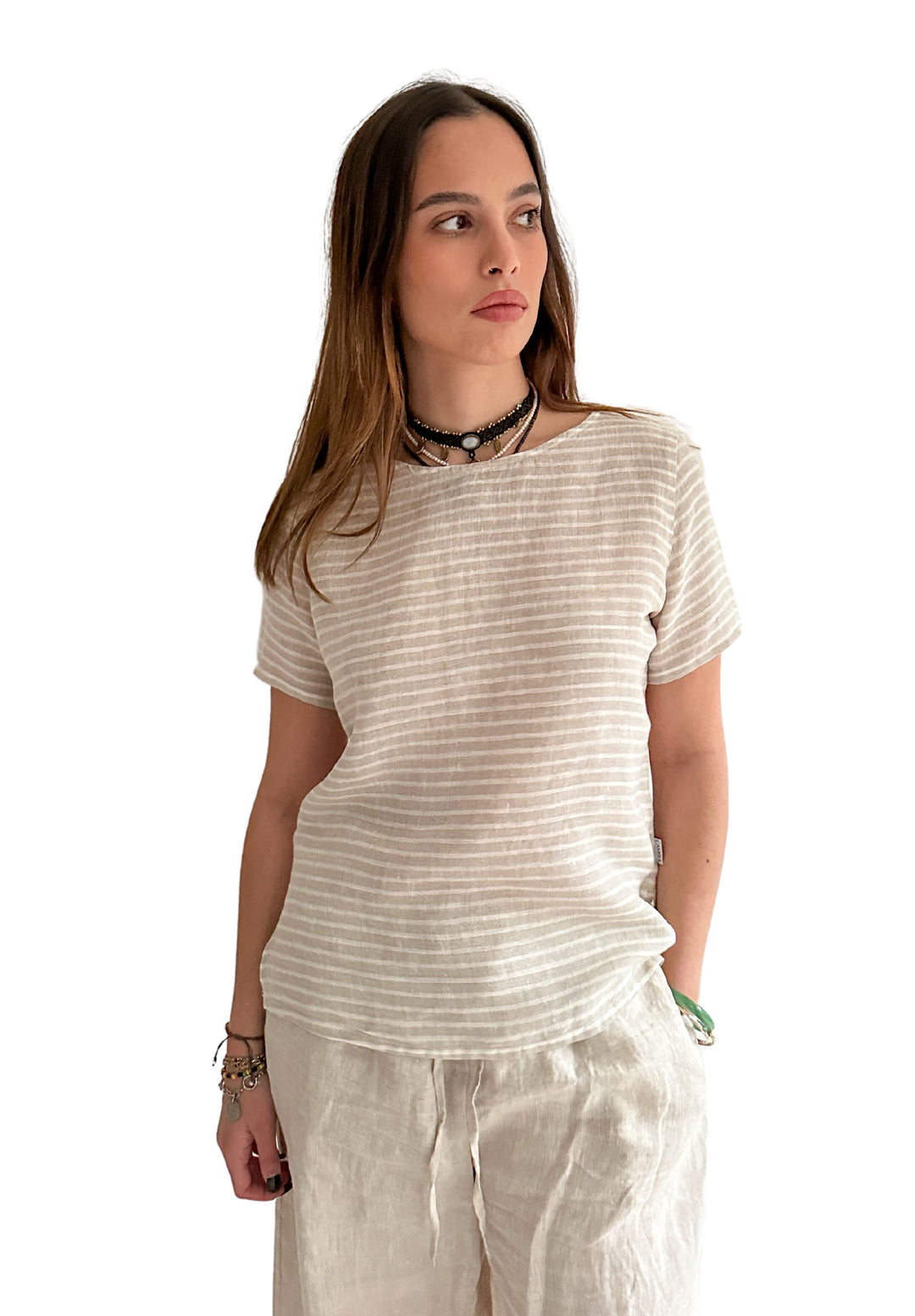 Teena-Linen Beige Stripes T-Shirt