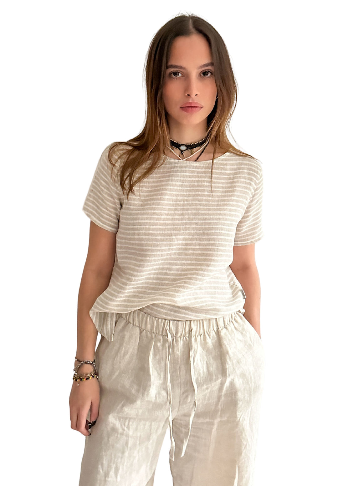 Teena-Linen Beige Stripes T-Shirt