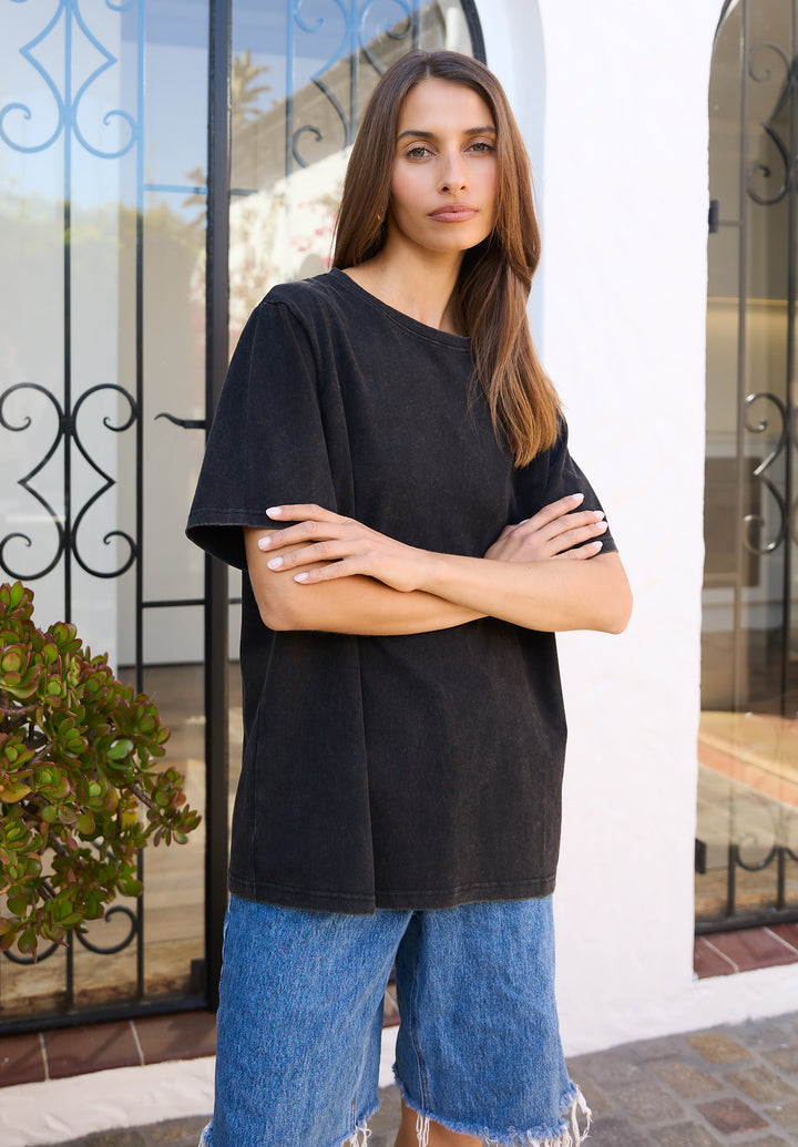 Teesha Black Boxy Distressed Cotton T-Shirt