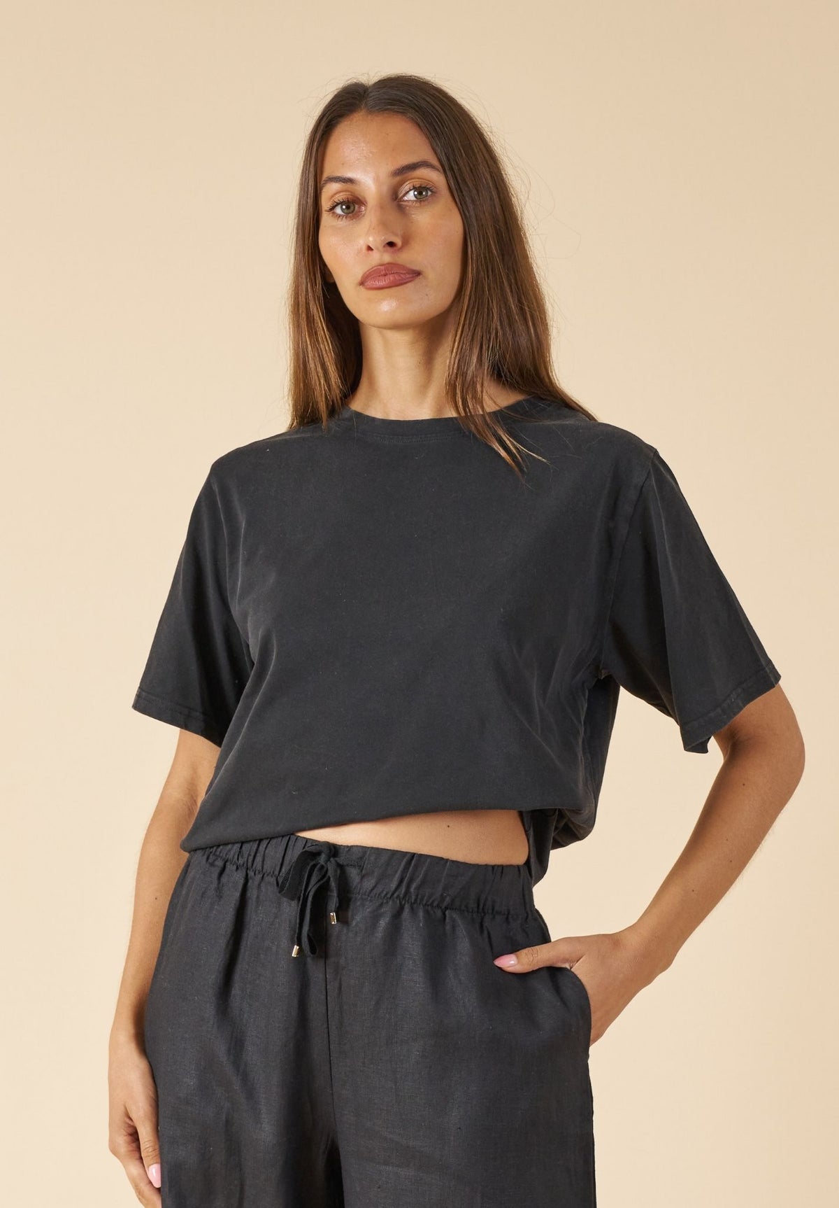 ATeesha Black Boxy Distressed Cotton T-Shirt
