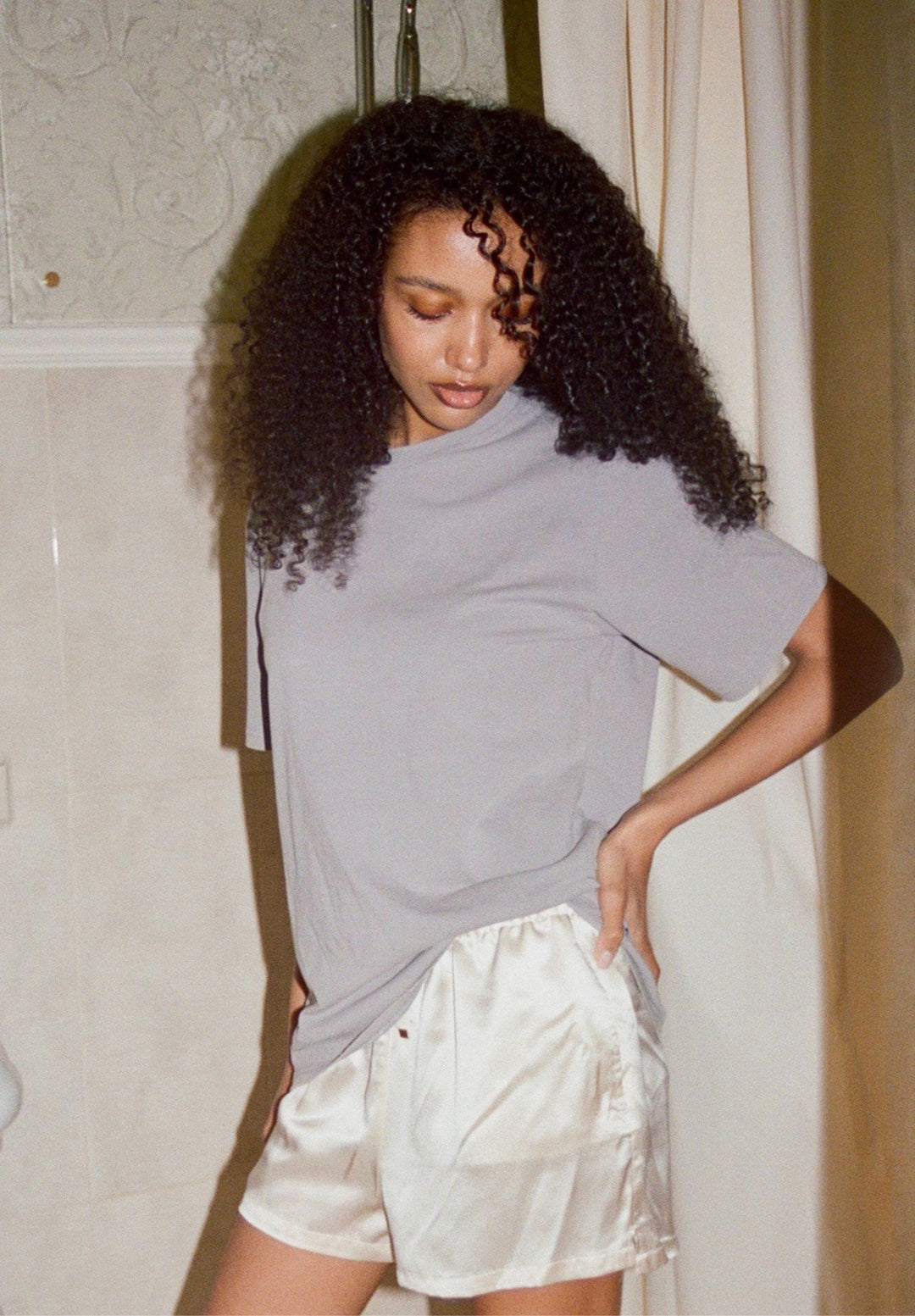 ATeesha Grey Boxy Distressed Cotton T-Shirt