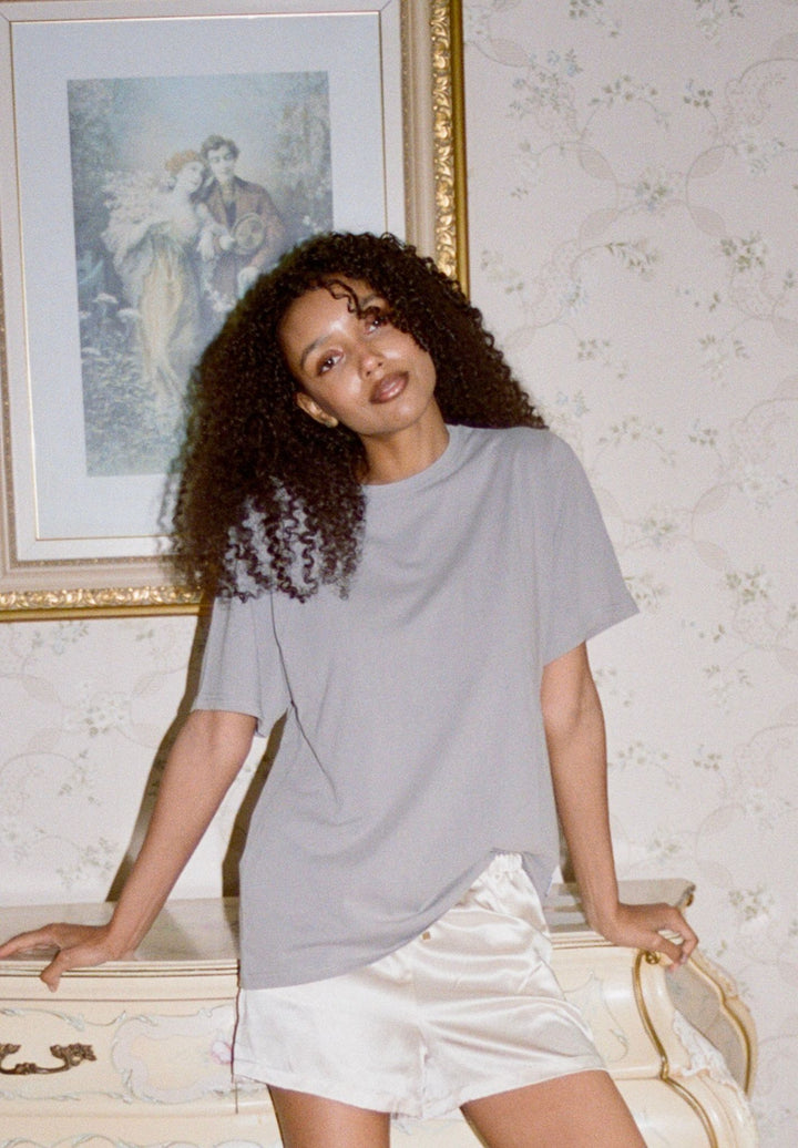 ATeesha Grey Boxy Distressed Cotton T-Shirt