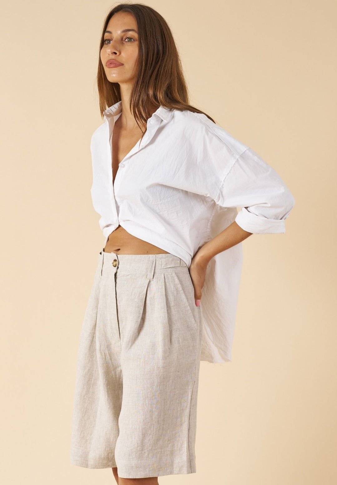 Exal-Cotton White Oversized Frayed Edge Cotton Shirt