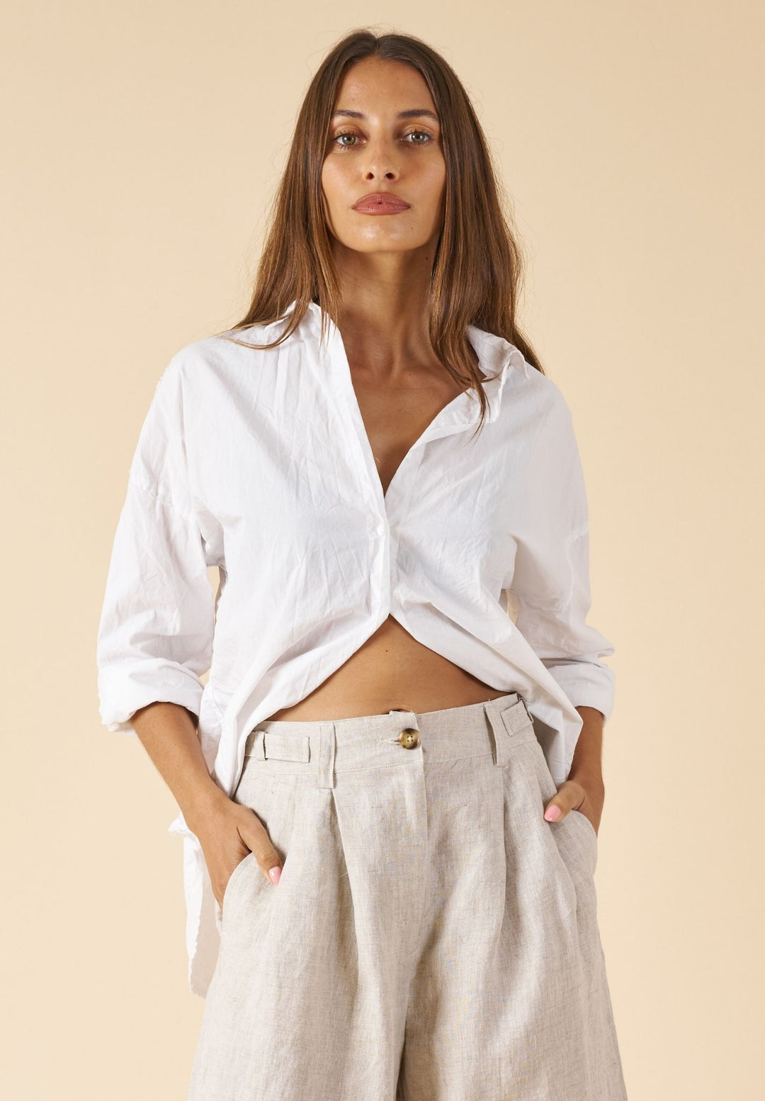 Exal-Cotton White Oversized Frayed Edge Cotton Shirt