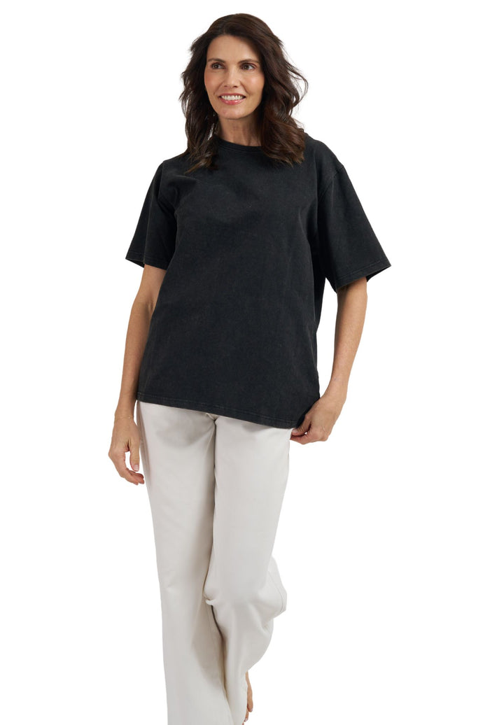 Teesha Black Boxy Distressed Cotton T-Shirt