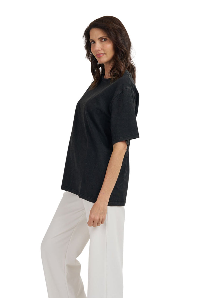 Teesha Black Boxy Distressed Cotton T-Shirt