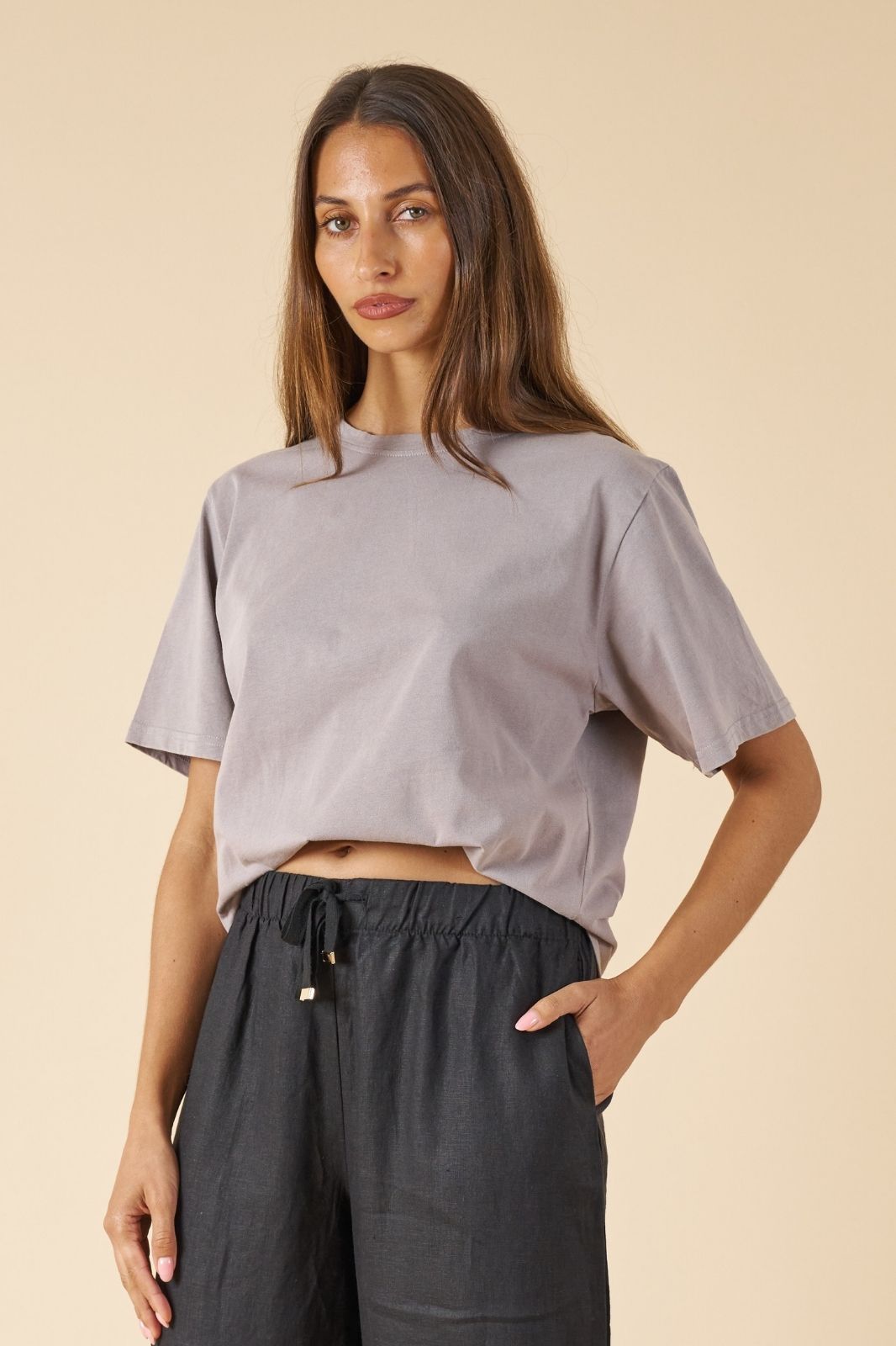 ATeesha Grey Boxy Distressed Cotton T-Shirt
