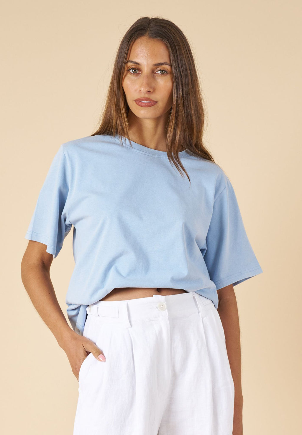 ATeesha Sky Boxy Distressed Cotton T-Shirt