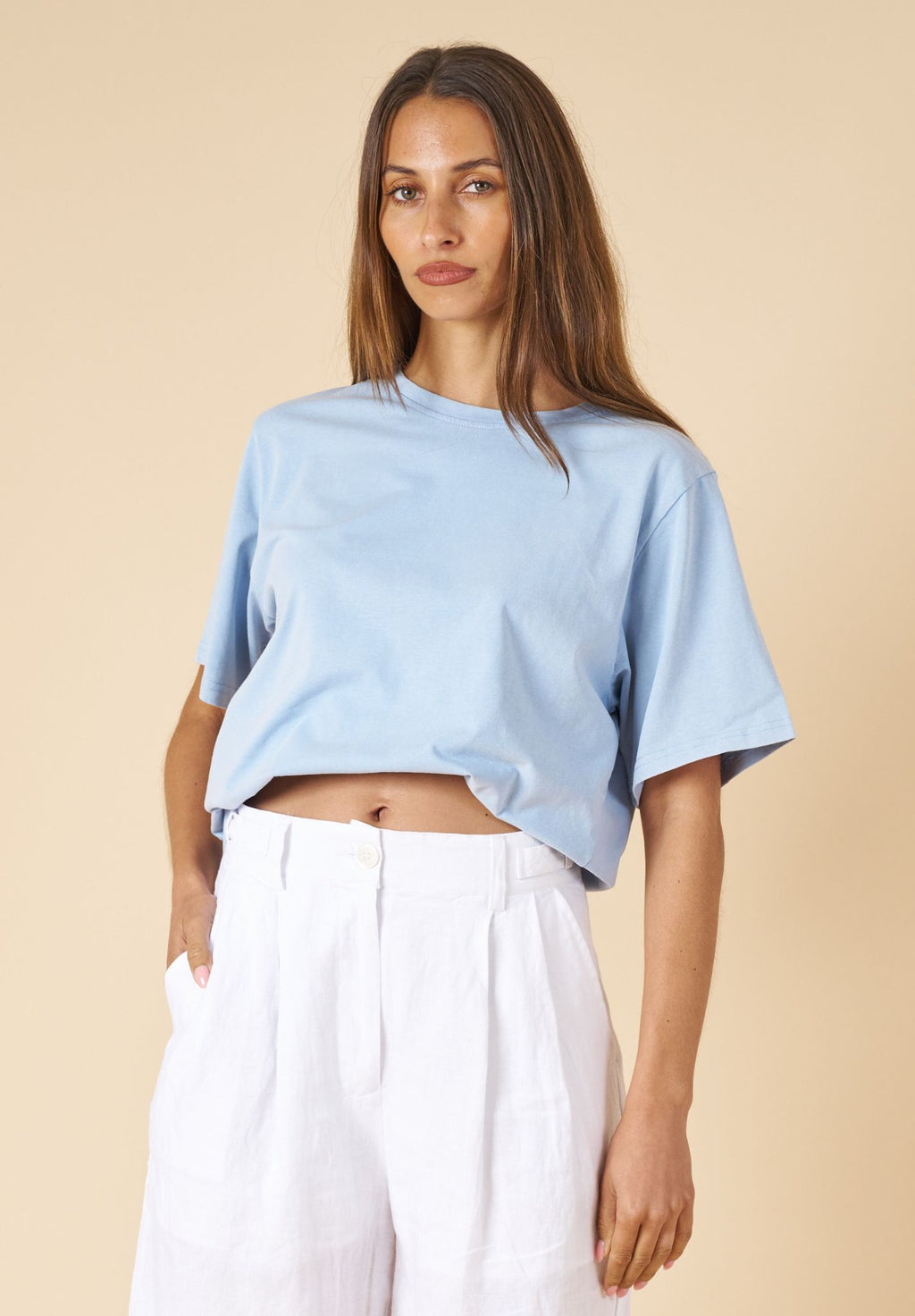 ATeesha Sky Boxy Distressed Cotton T-Shirt