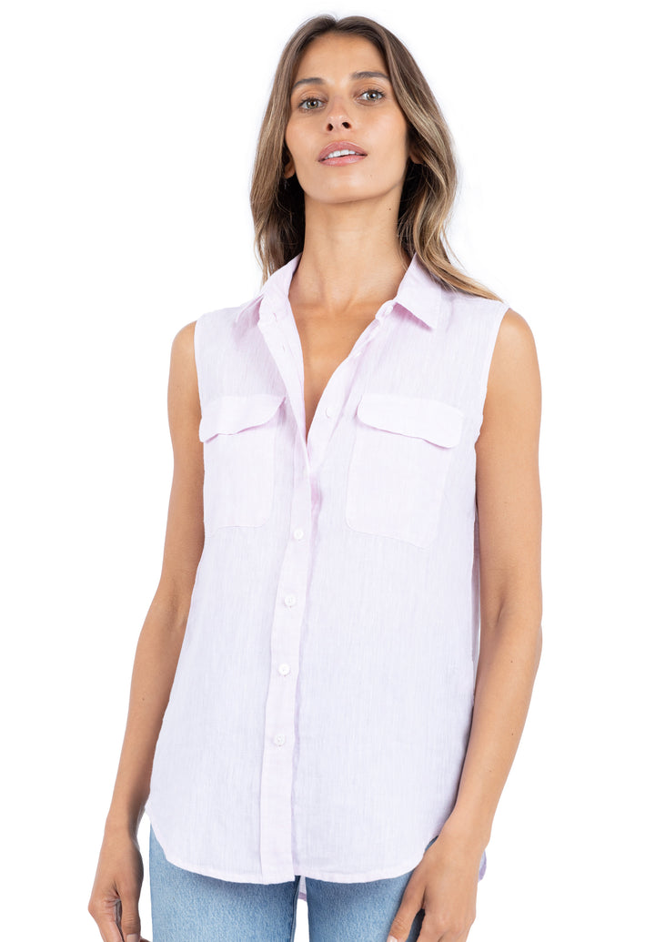 Aura Pink, Sleeveless Linen Shirt with Pockets