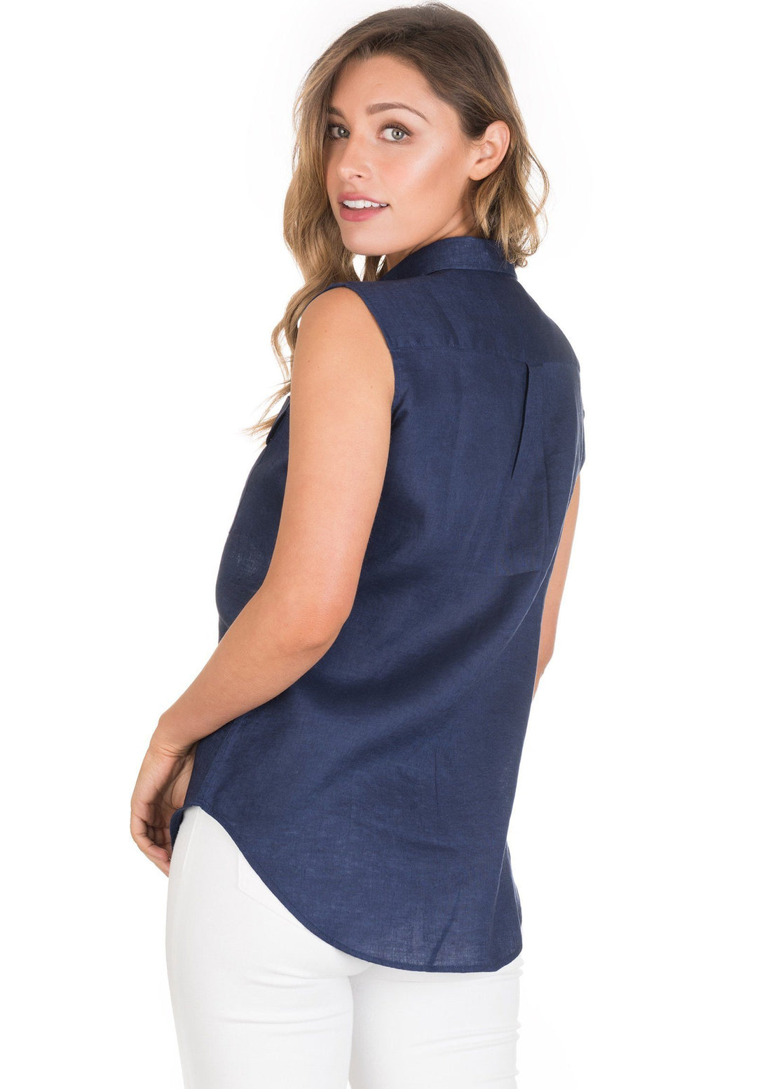 Aura Blue, Sleeveless Linen Shirt with Pockets