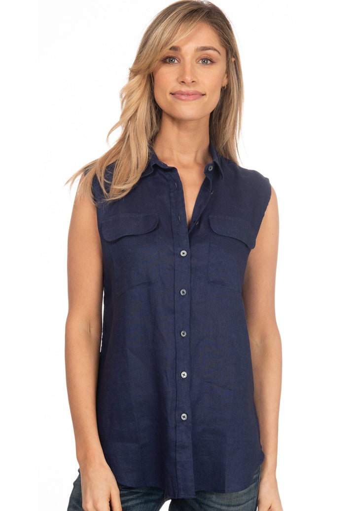 Aura Blue, Sleeveless Linen Shirt with Pockets