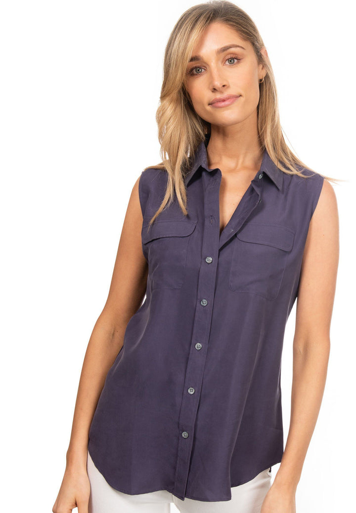 Aura Silk Blue, Sand washed sleeveless shirt with pockets
