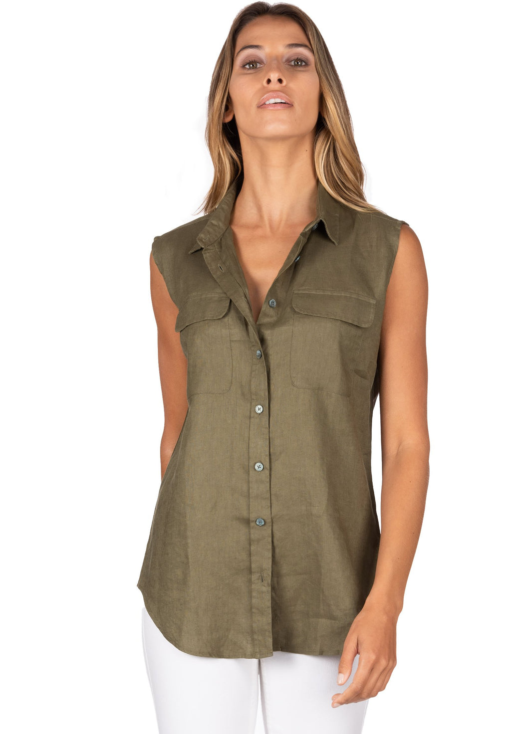 Aura Army Green, Sleeveless Linen Shirt with Pockets