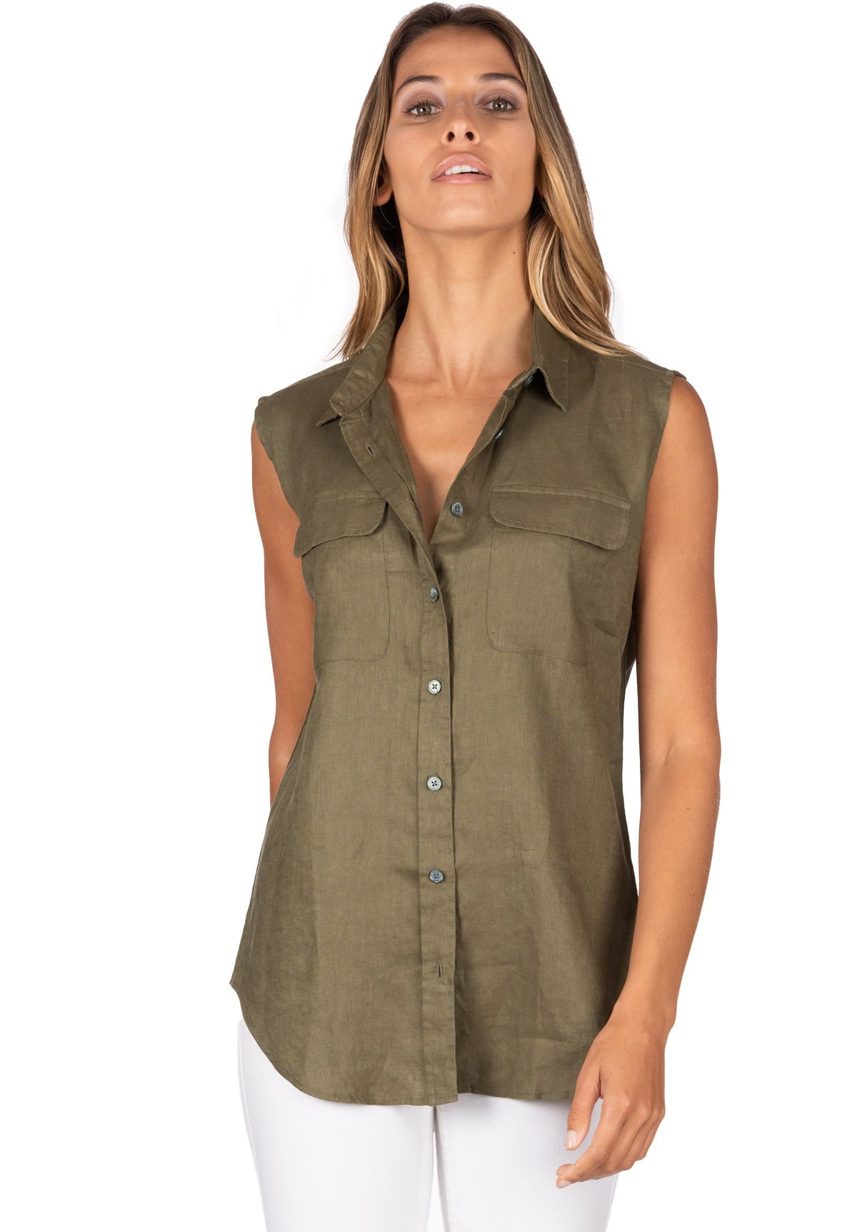 Aura Army Green, Sleeveless Linen Shirt with Pockets