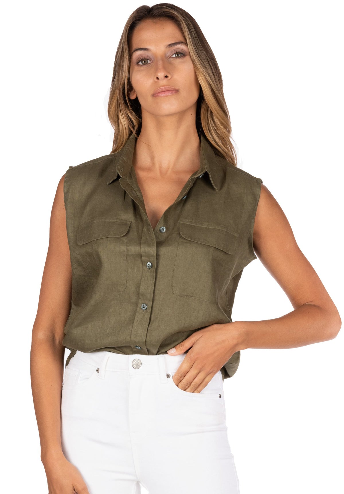 Aura Army Green, Sleeveless Linen Shirt with Pockets