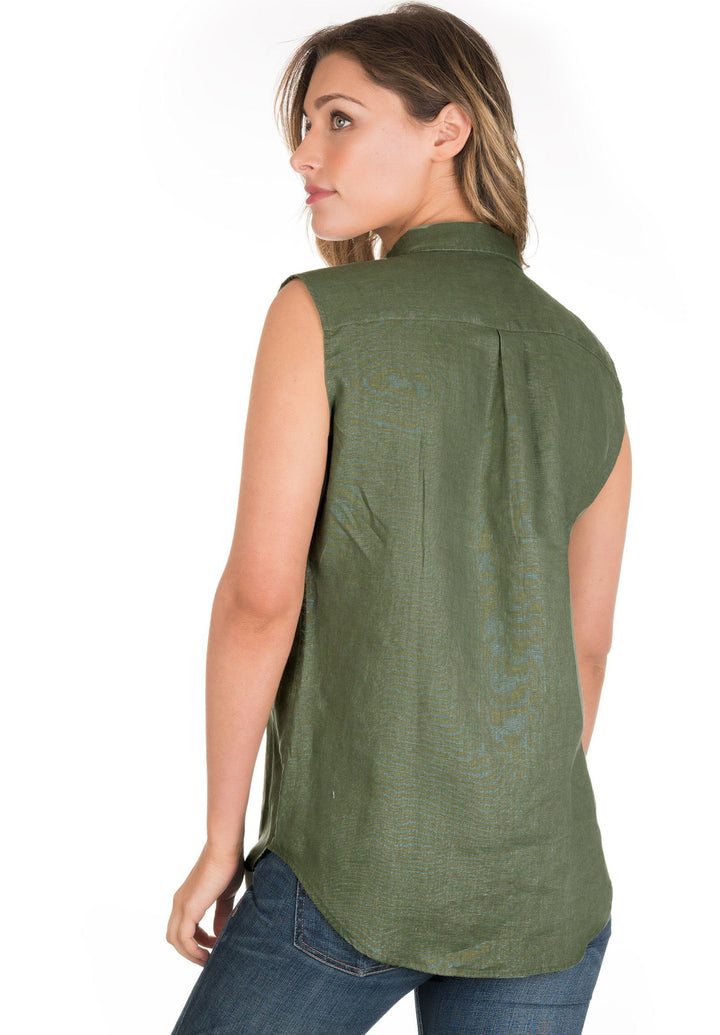 Aura Army Green, Sleeveless Linen Shirt with Pockets