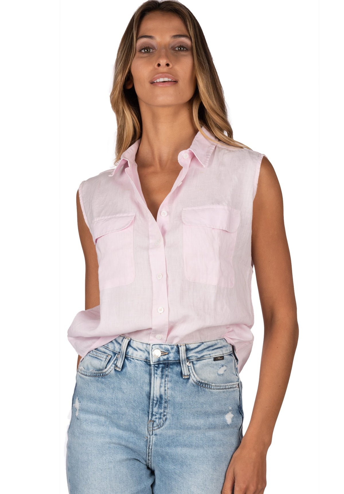 Aura Pink, Sleeveless Linen Shirt with Pockets