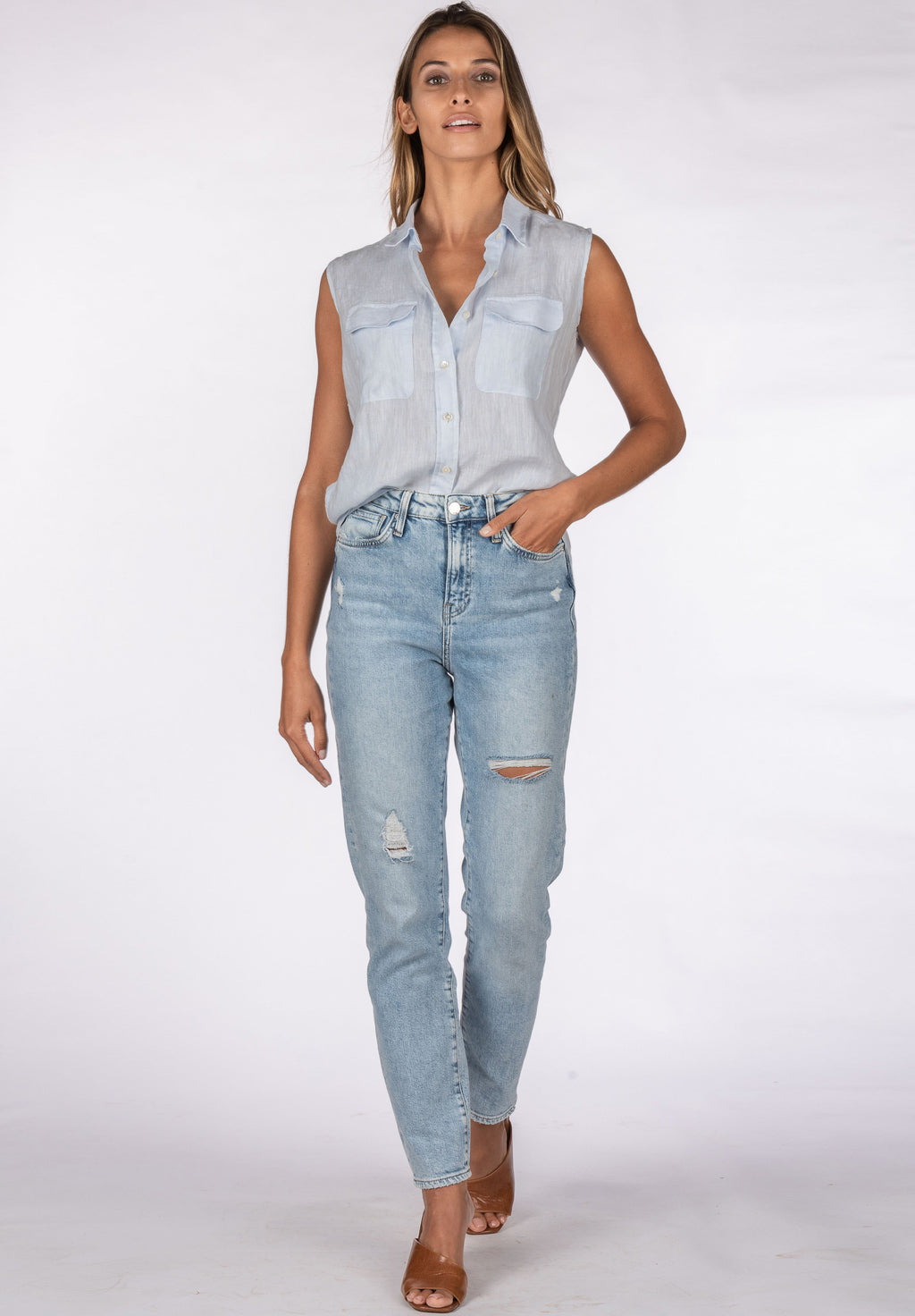 Aura Sky, Sleeveless Linen Shirt with Pockets
