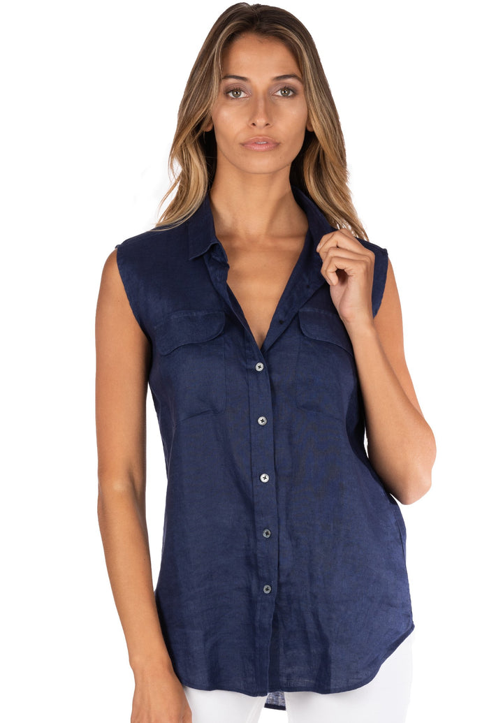 Aura Blue, Sleeveless Linen Shirt with Pockets