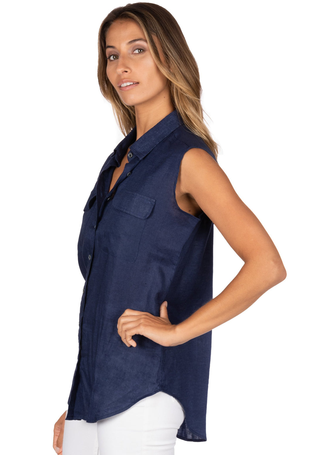 Aura Blue, Sleeveless Linen Shirt with Pockets