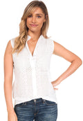 Anna Lace White, Sleeveless Broderie Anglaise Shirt Band Collar