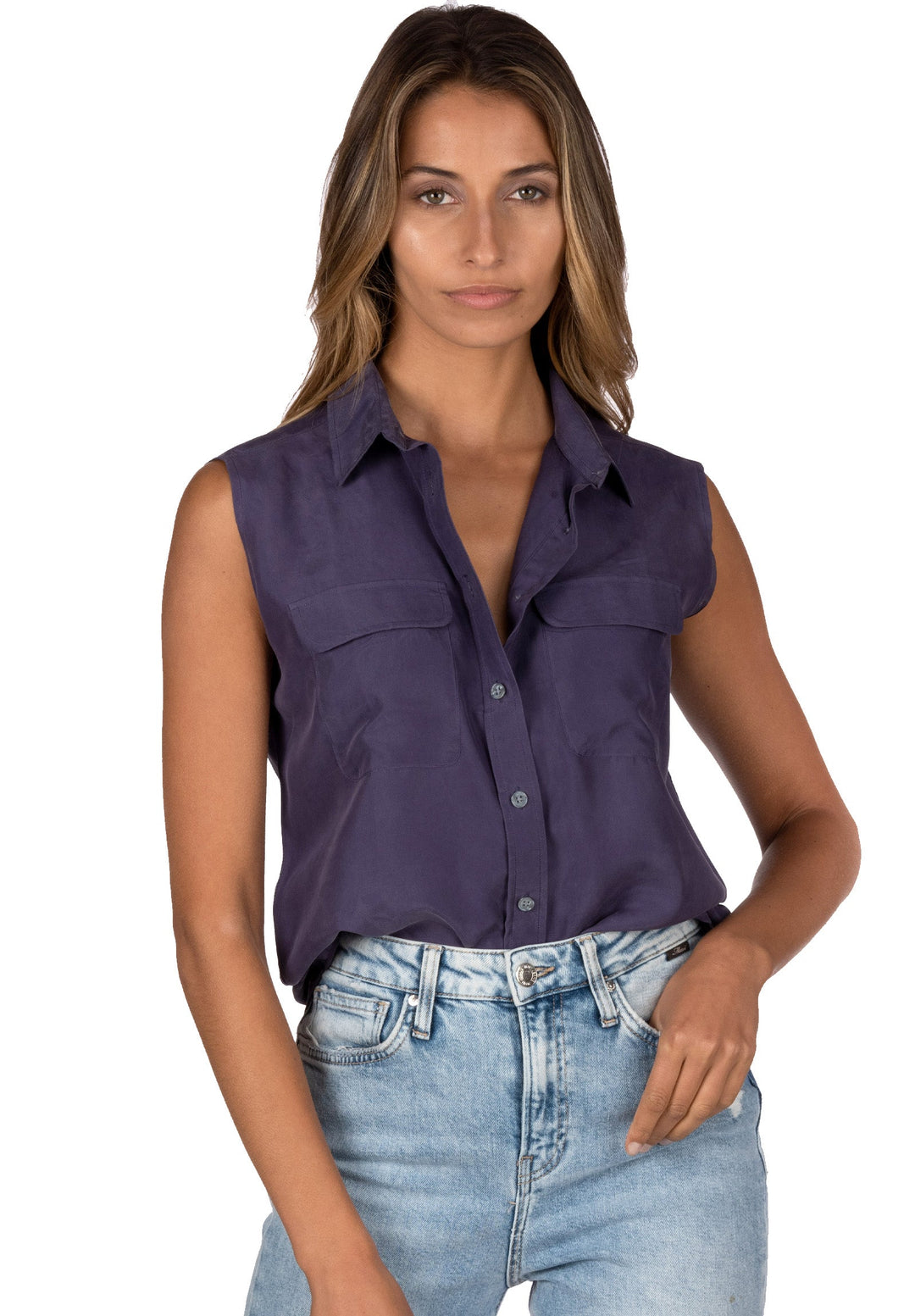 Aura Silk Blue, Sand washed sleeveless shirt with pockets