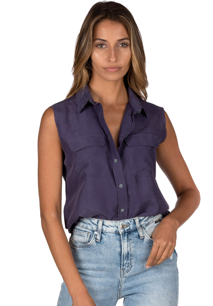 Aura Silk Blue, Sand washed sleeveless shirt with pockets
