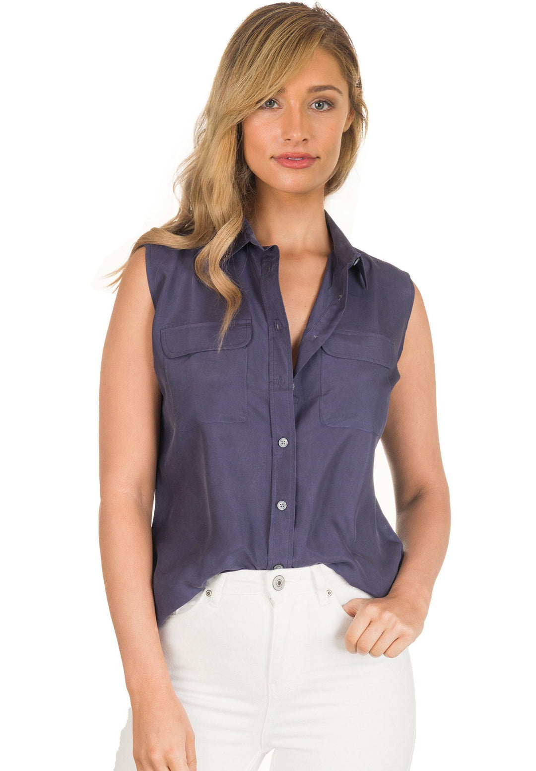 Aura Silk Blue, Sand washed sleeveless shirt with pockets
