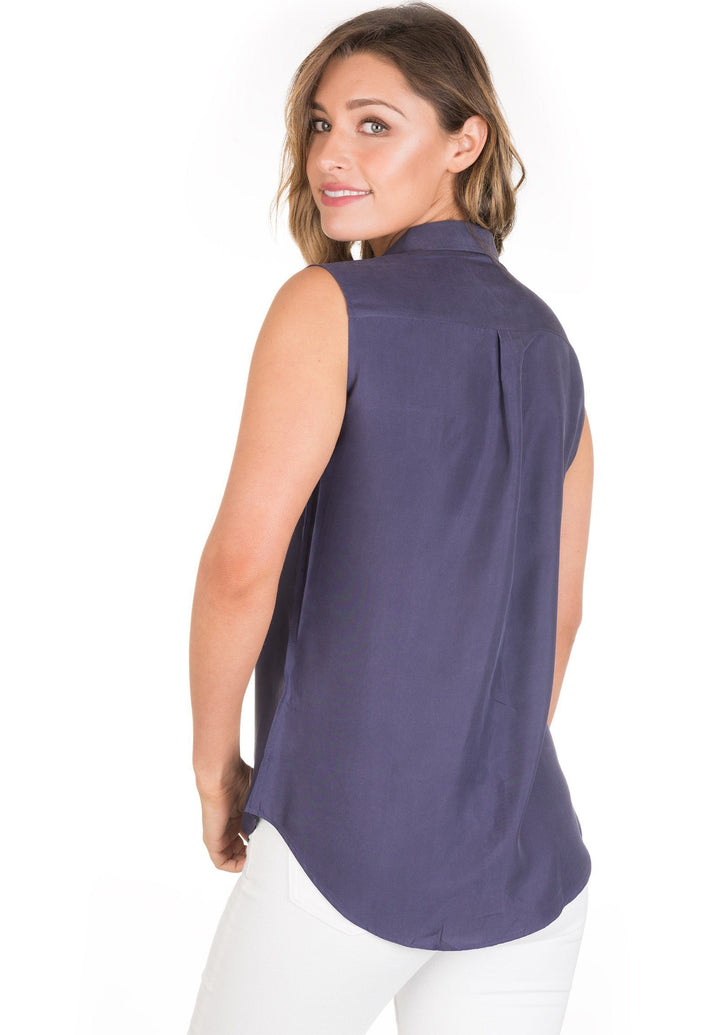 Aura Silk Blue, Sand washed sleeveless shirt with pockets