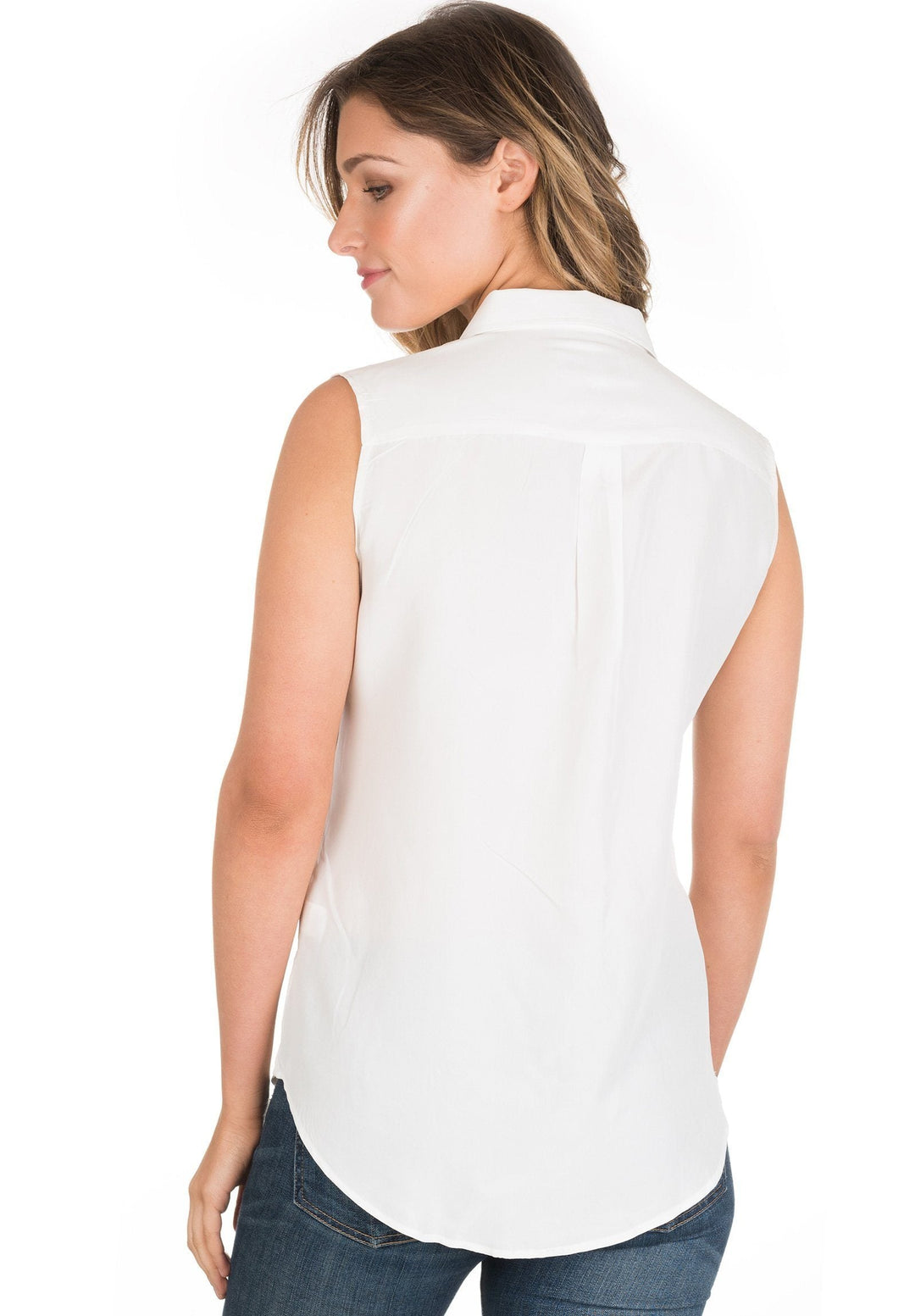 Aura Silk White, Sand washed sleeveless shirt with pockets