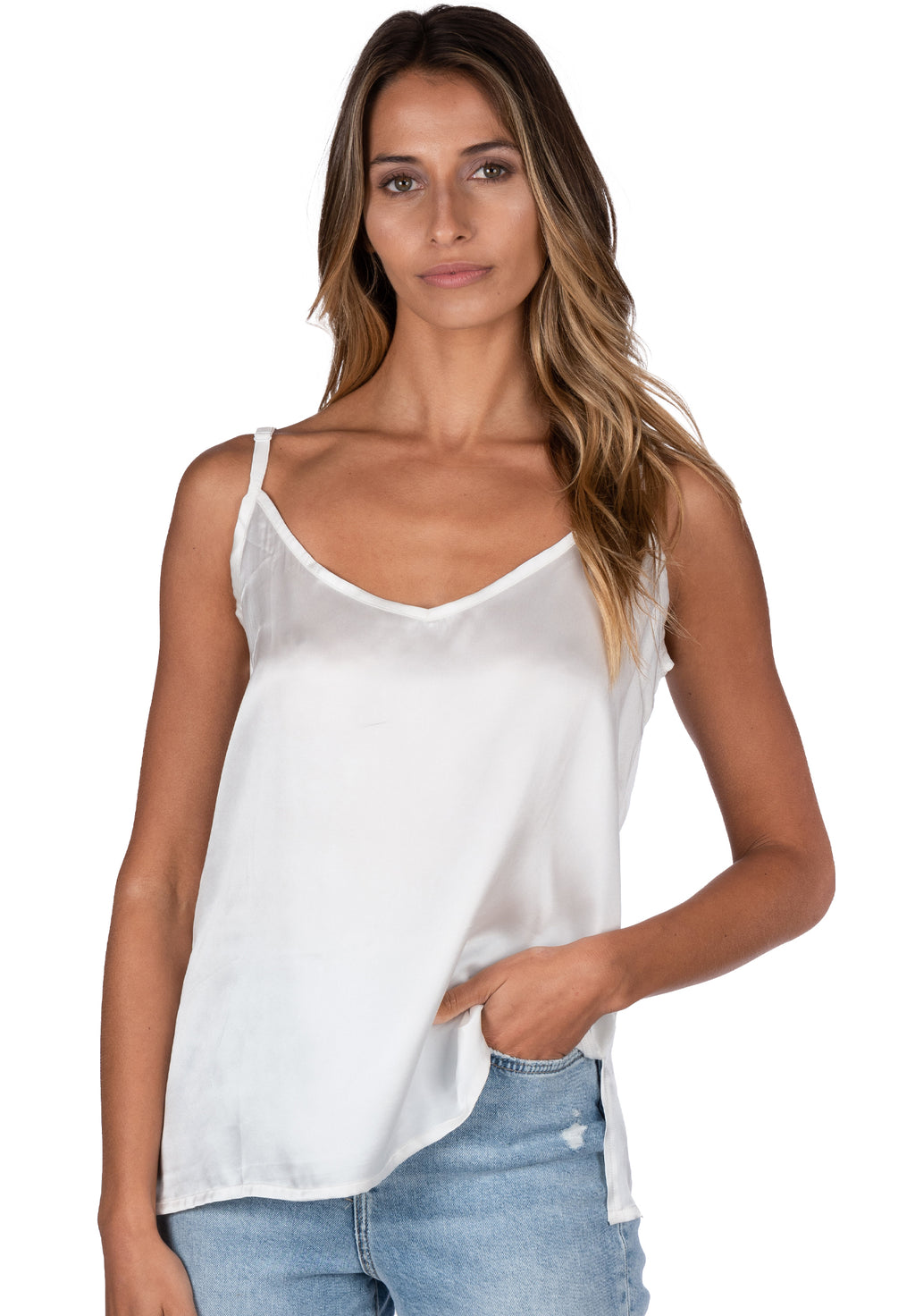 Cami Silk White, 100% Satin Silk Camisole