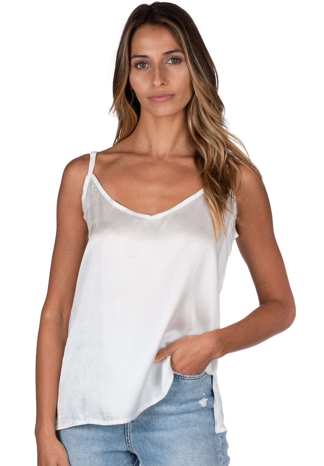 Cami-v White 100% Satin Silk Camisole - Relaxed Fit – CAMIXA
