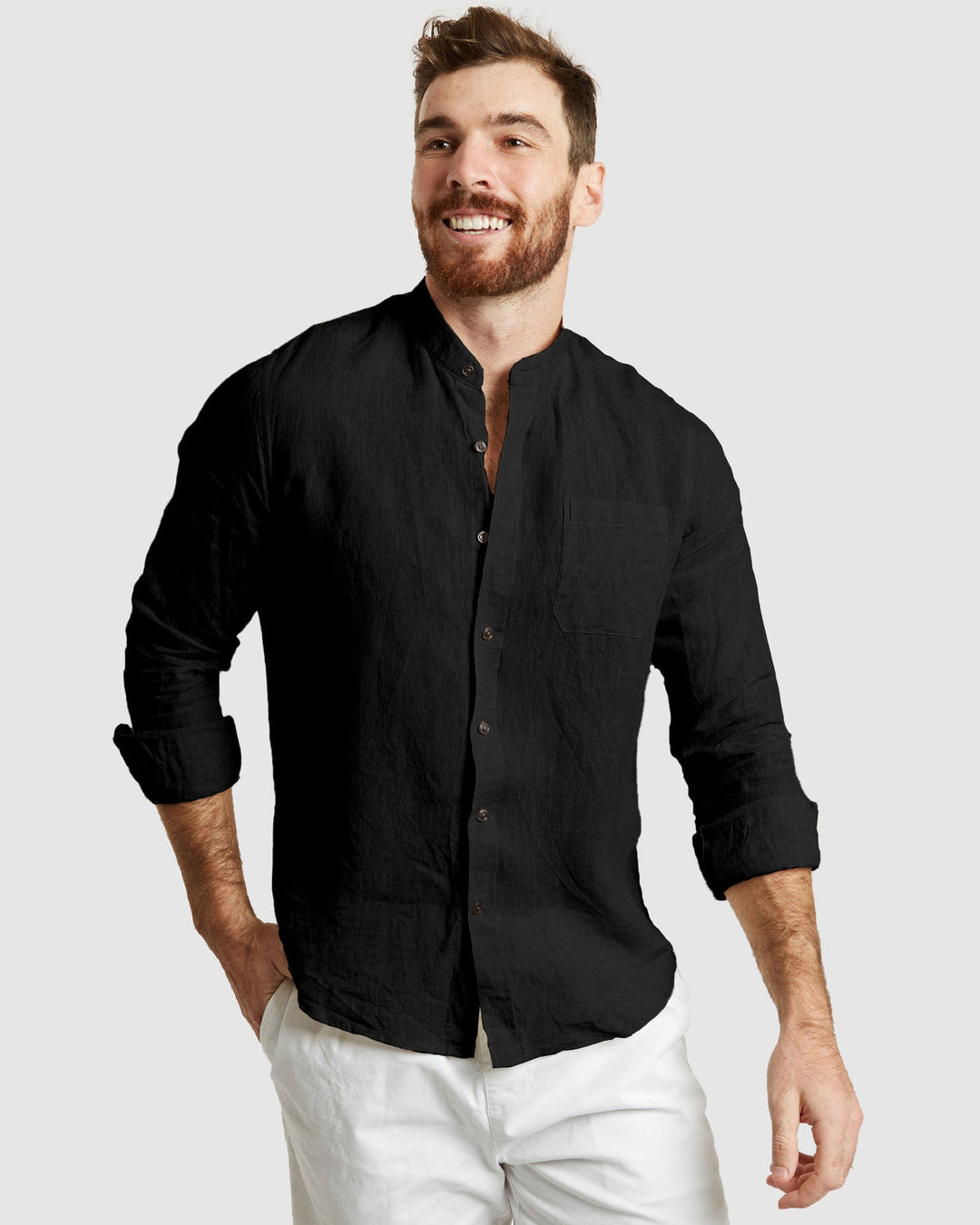 Palma-Casual Black Mandarin Collar Linen Shirt – CAMIXA