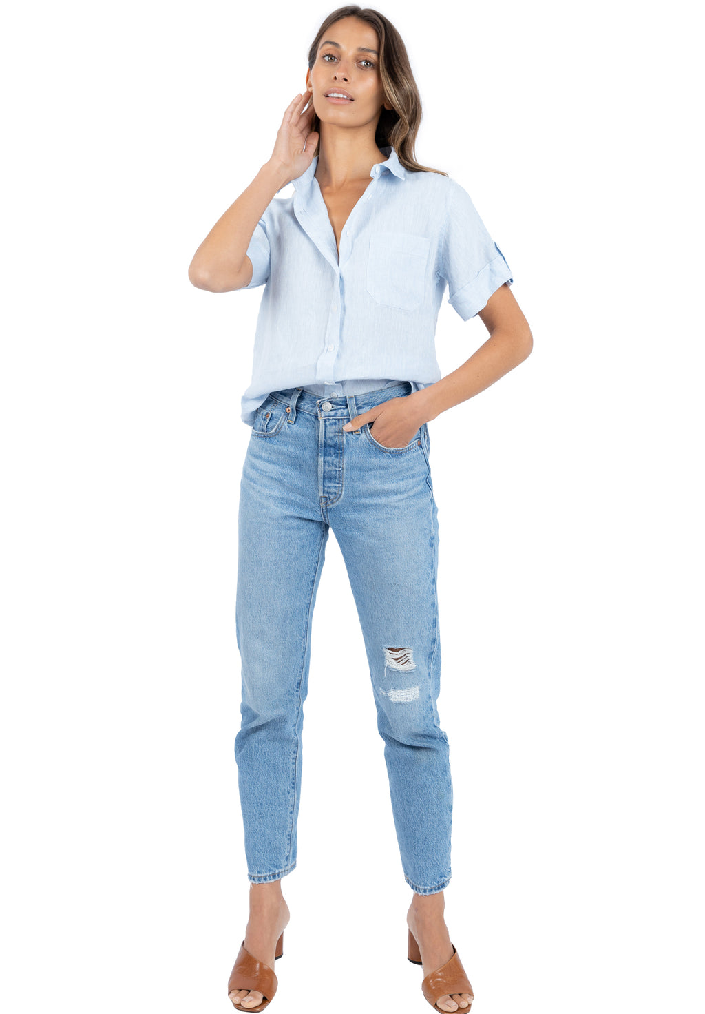 Febe Short Sleeve Sky Blue, Casual Linen Camp Shirt