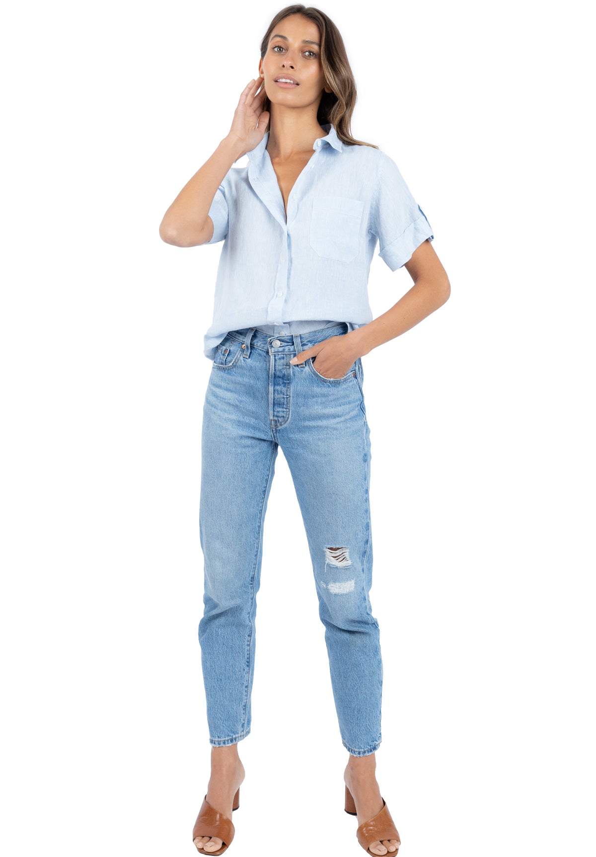 Febe Short Sleeve Sky Blue, Casual Linen Camp Shirt