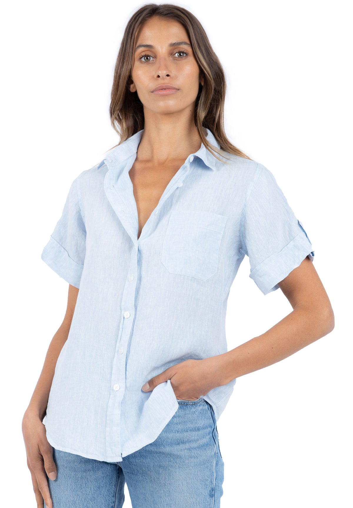Febe Short Sleeve Sky Blue, Casual Linen Camp Shirt