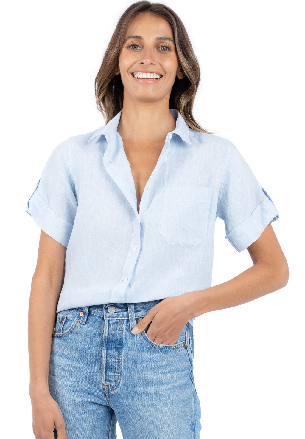 Febe Short Sleeve Sky Blue, Casual Linen Camp Shirt