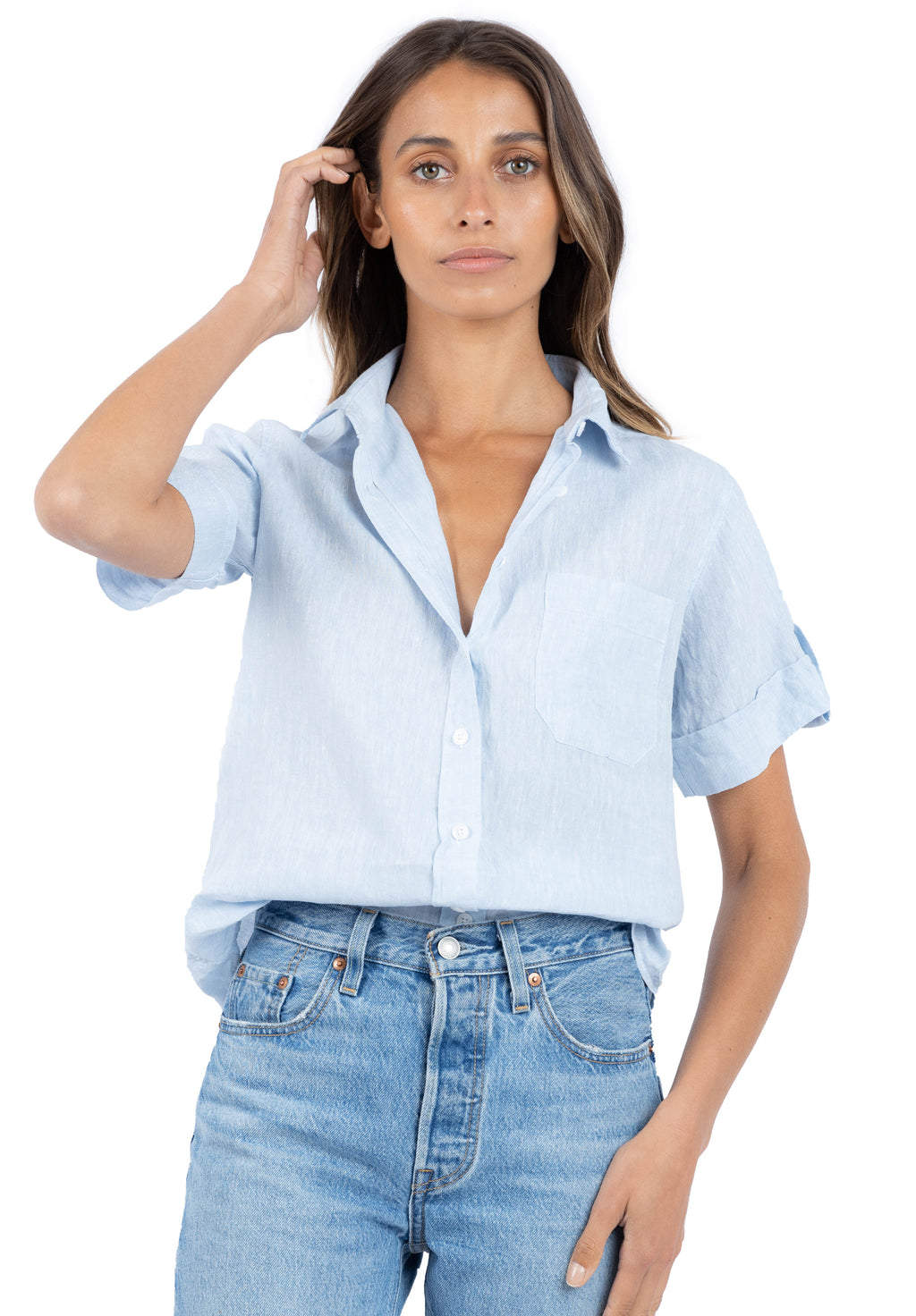 Febe Short Sleeve Sky Blue, Casual Linen Camp Shirt