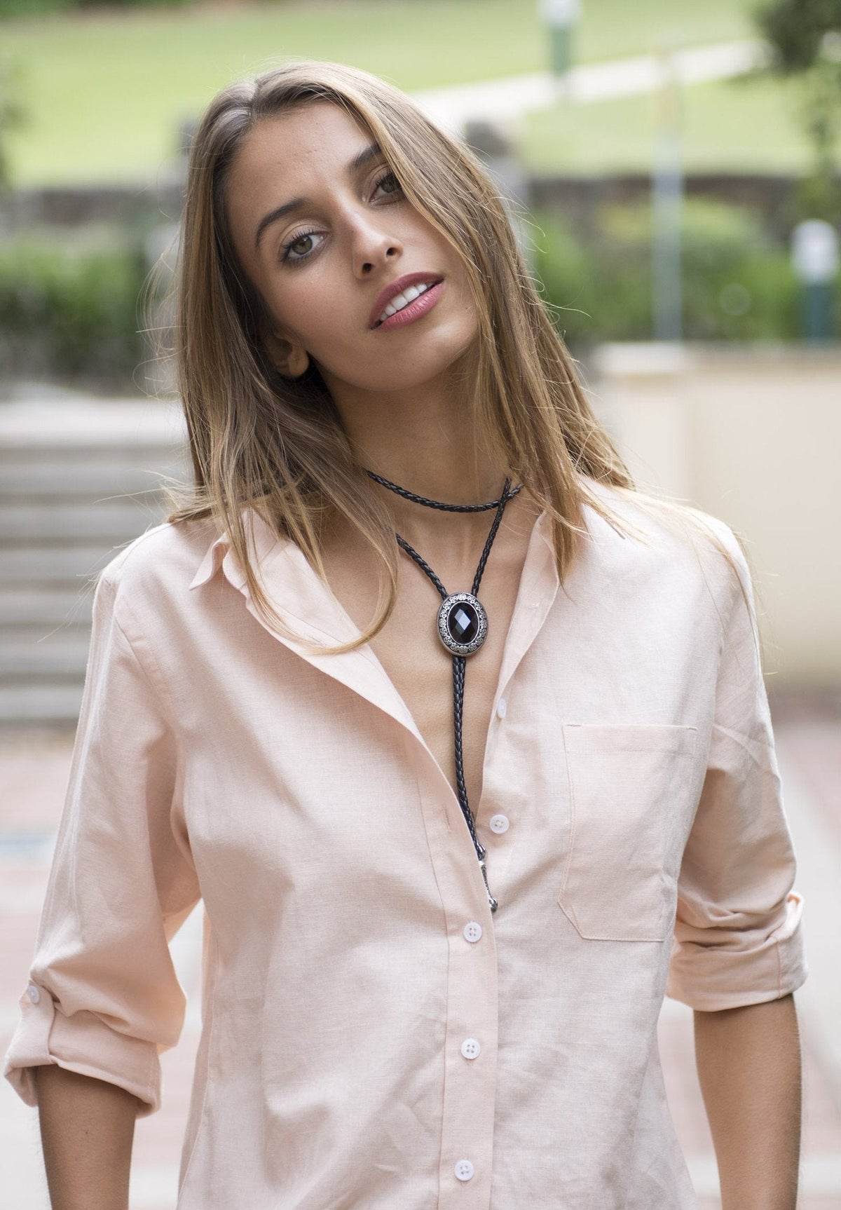 Febe-LS Tropical Blush linen shirt with roll-up tabs