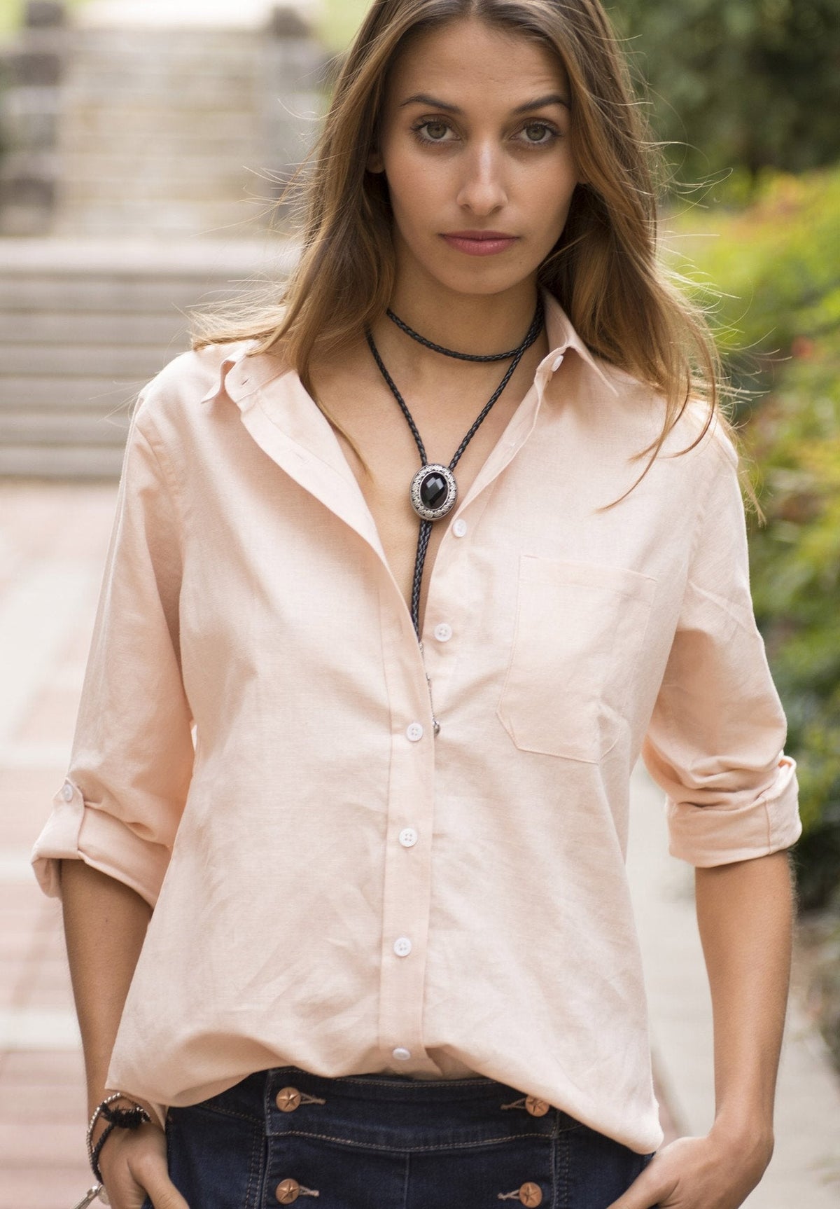 Febe-LS Tropical Blush linen shirt with roll-up tabs