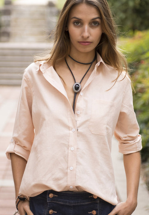 Febe-LS Tropical Blush linen shirt with roll-up tabs
