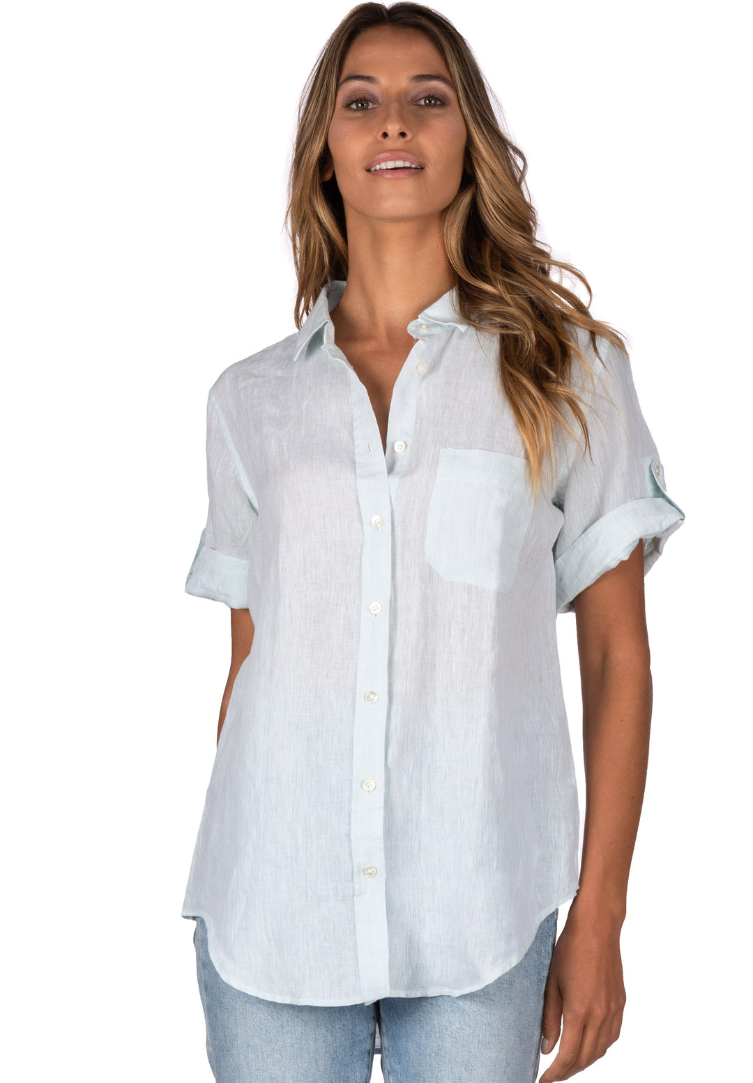 Febe Short Sleeve Mint, Casual Linen Camp Shirt