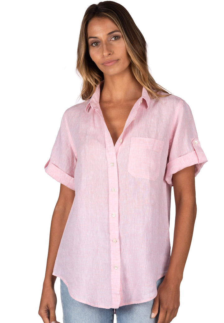 Febe Short Sleeve Pink, Casual Linen Camp Shirt
