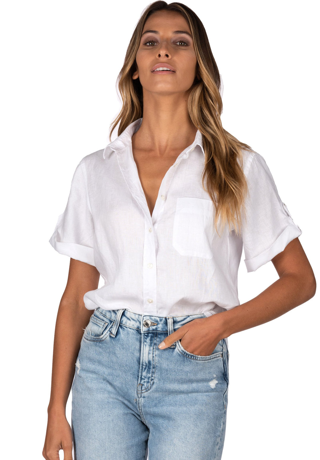 Febe Short Sleeve White, Casual Linen Camp Shirt