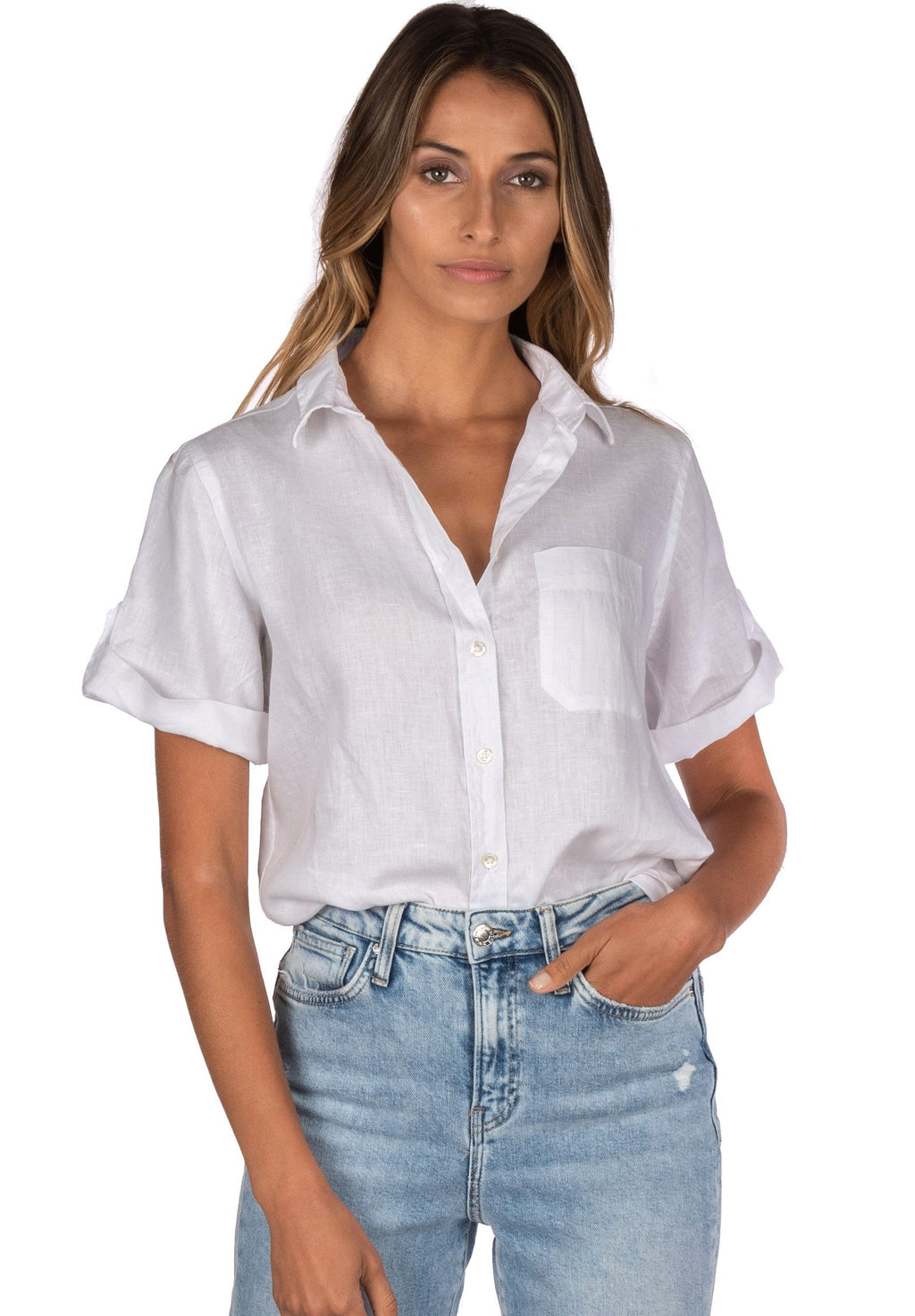 Febe Short Sleeve White, Casual Linen Camp Shirt