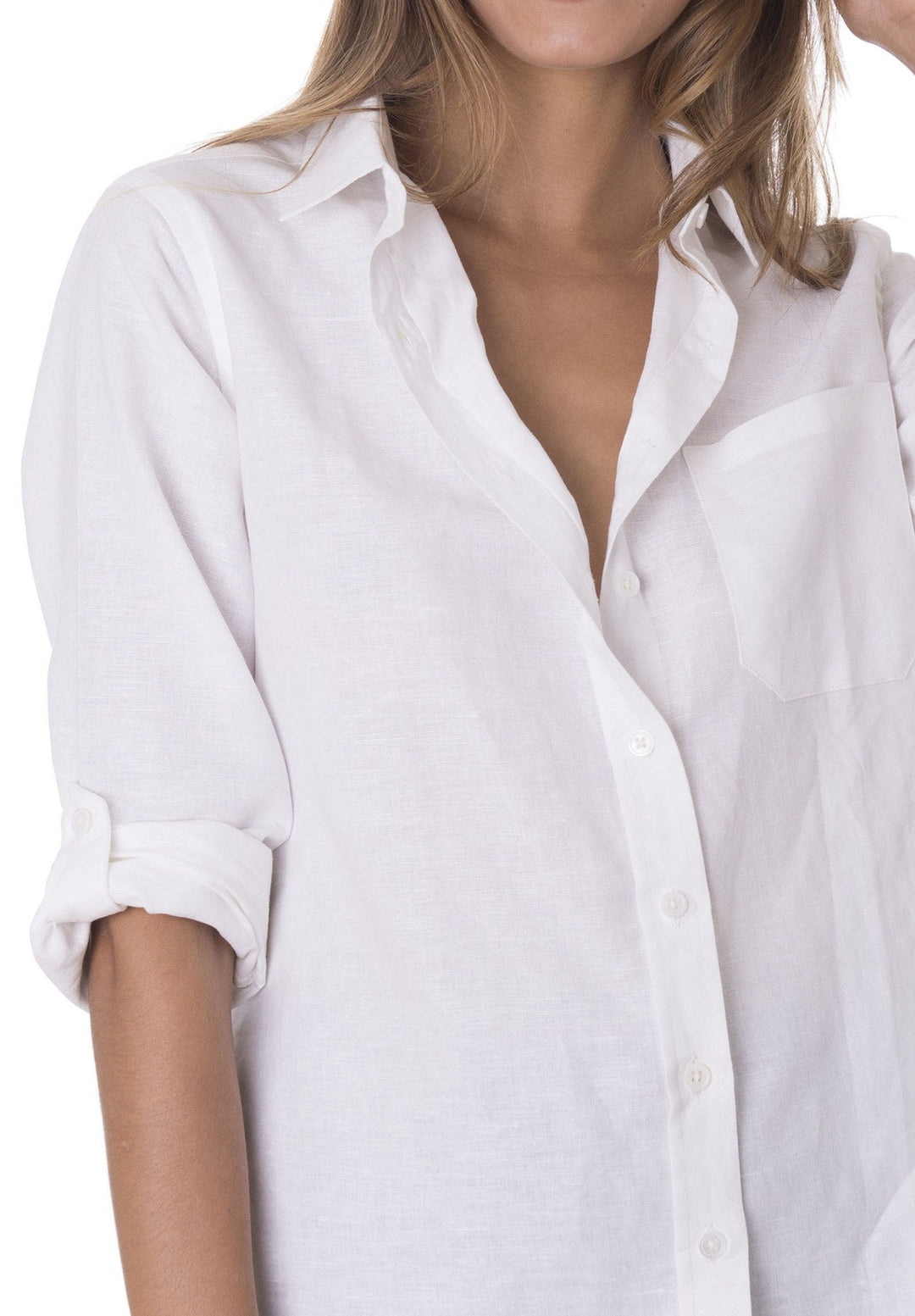Febe-LS White linen shirt with roll-up tabs